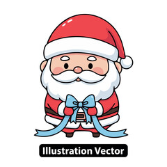 Adorable Cartoon Santa Claus with a Cheerful Smile Holding a Blue Gift Ribbon