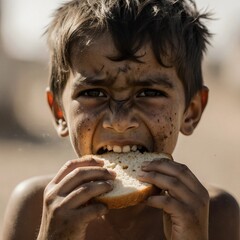 Portrait of a Hungry and Impoverished Boy Fiercely Eating a Piece of Bread