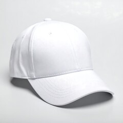 Fototapeta premium A white baseball cap displayed on a clean surface in a well lit studio environment