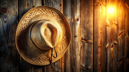 Straw hat hanging on rustic barn wall warm country lifestyle decor