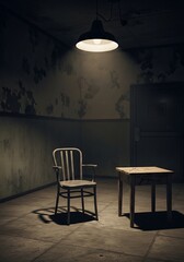Empty interrogation room, dark and ominous.