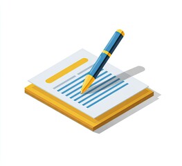 Isometric view of pen and paper with copy space for business and concepts
