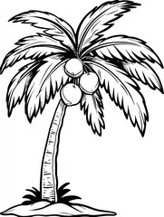 Line drawing of a palm tree with coconuts on a white background