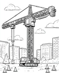 Line drawing of a large construction crane in an urban environment vector illustration