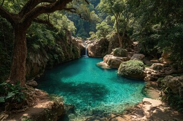 Naklejka premium Lush, turquoise pool in a secluded jungle