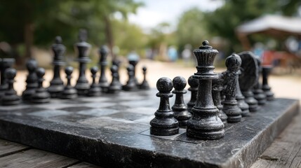 Large stone chess pieces arranged on an outdoor marble board set on a wooden table in a park