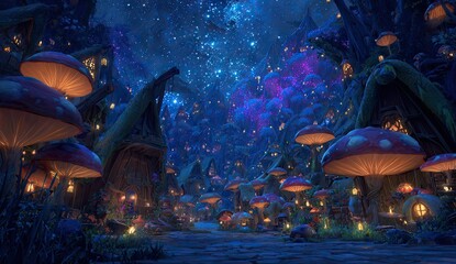 Magical mushroom village under starry night sky fantasy illustration