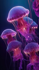 Luminous jellyfish swarm underwater vivid purple tones floating marine life