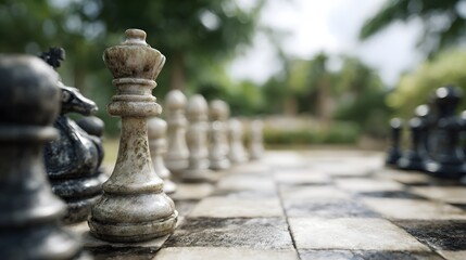 Fototapeta premium Stone chess pieces arranged on a weathered outdoor chessboard with a blurred background of greenery