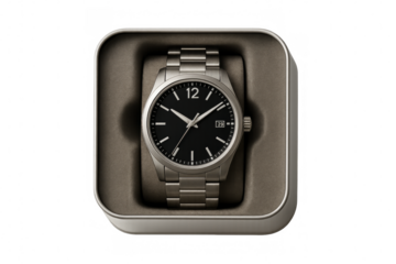 Stainless steel watch in gift box, transparent background