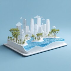 Miniature cityscape model with trees and water on blue background
