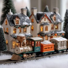 Miniature festive train and village scene with illuminated houses