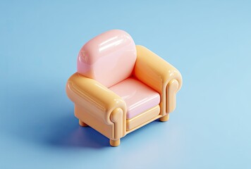 Miniature pink and yellow sofa on blue background for creative design
