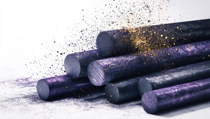 Metal rods with powder effect on white background industrial design