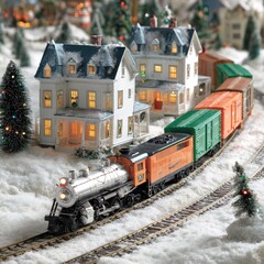 Miniature christmas train set with buildings and snow