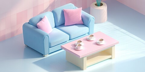 Miniature living room scene with sofa table coffee cups and pastel color scheme