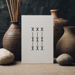 Minimalist artwork with abstract design next to ceramic vases