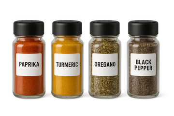 Spices in jars with labels on transparent background