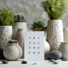 Minimalist composition with plants textured vases and a white card