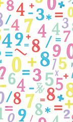 Seamless pattern of colorful numbers and mathematical symbols on a white background, playful design for education or celebration