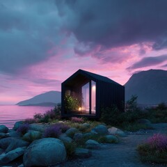 Modern cabin by the water at dusk with scenic views and moody skies