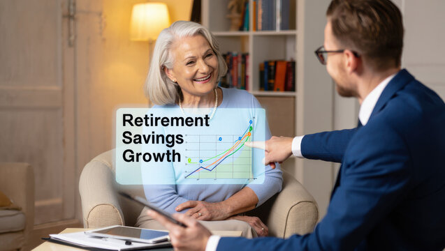 Senior woman smiles, planning retirement savings growth with financial advisor offering sound investment advice in comfortable office setting, future success