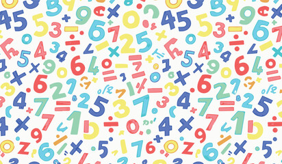 Colorful seamless pattern with hand-drawn numbers and mathematical symbols for education