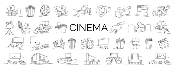 Cinema one line set on white background. Minimalist outline of retro and modern cinema equipment in linear style