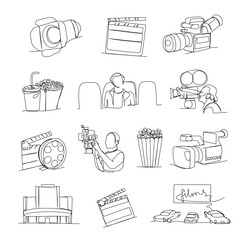Cinema one line set on white background. Minimalist outline of retro and modern cinema equipment in linear style