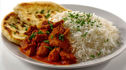 Fototapeta premium Photo of curry chicken with rice and naan on a white plate, top view isolated on a white background.photography, high resolution, top-down view