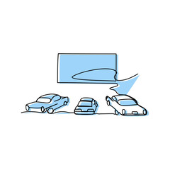 Minimal drive-in cinema illustration with cars watching movie screen, blue line style of nostalgic film culture