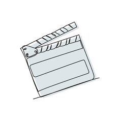 Minimal clapperboard in gray outline, abstract linear icon for scene marking and film production