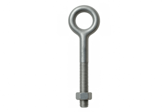 Metal eye bolt fastener with nut on transparent background