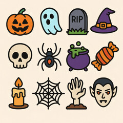 Obraz premium Cute Halloween Icons Collection – Black Cat, Ghost, Haunted House, Witch Hat