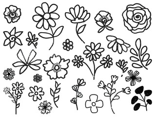A seamless vector set of black and white floral elements featuring rose and leaf illustrations for design and textile pattern decoration