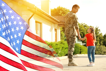 Military man and his daughter outdoors, double exposure with national flag of USA