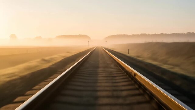 Railroad tracks stretching into the distance on a foggy morning landscape. Train tracks disappearing into the horizon, rural travel on rails with sunrise light.