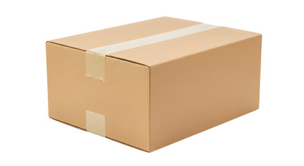 Plain Brown Cardboard Box with White Tape on White Background