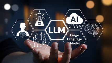 Futuristic concept of artificial intelligence and large language models (LLM) with glowing AI icons and human hand interface. Innovation in machine learning and digital transformation.