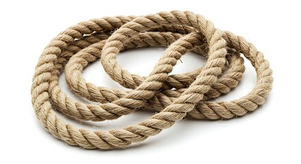 Fototapeta premium A thick hemp rope coiled and loose in a tangle, with a visibly fibrous texture and a pure white background.