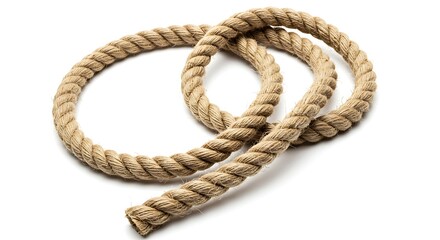 Obraz premium A thick hemp rope coiled and loose in a tangle, with a visibly fibrous texture and a pure white background.