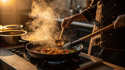 Chef stirring food in a frying pan with steam rising in a restaurant