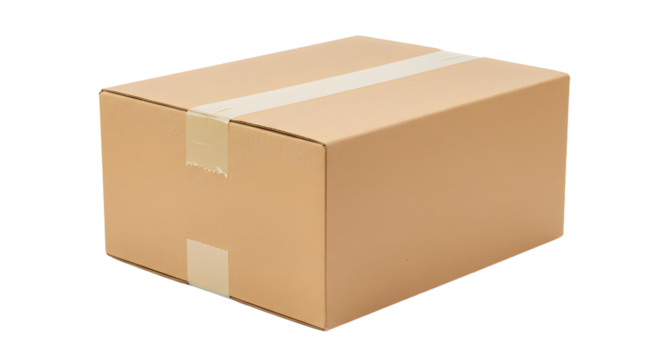 Plain Brown Cardboard Box with White Tape on White Background