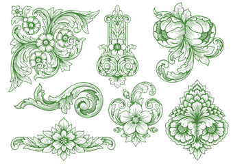 Vintage flourish baroque ornaments frame swirls and scrolls decorations retro design vector