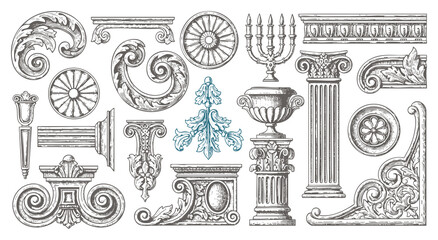 engraving illustration of victorian, rococo, baroque style elements. book cover, social media, t shirt design application
