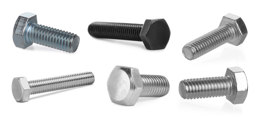 Different metal bolts isolated on white, set