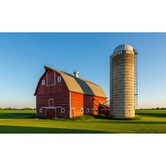 Red Barn and Grain Silo on a Farm.