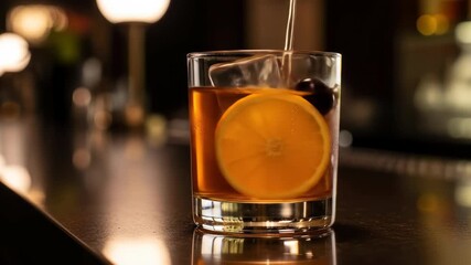 Close-up of an Old Fashioned cocktail being poured, with orange slice and cherry at bar, drink, alcohol, ice, cocktail, beverage - Powered by Adobe