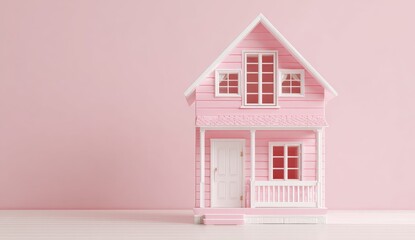Pink house miniature isolated on pink background architecture concept