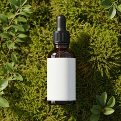 Amber Dropper Bottle Mockup with a Blank Label on a Green Moss Background